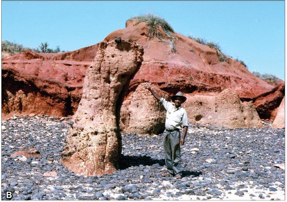 Paddy Roe points to Yinara, the tallest of the stone pillars representing the Ngadjayi (spirit women of the sea)