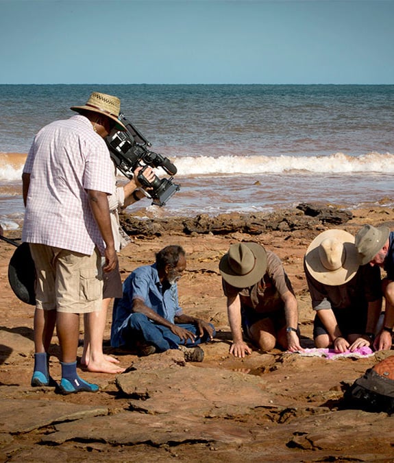 Filming dinosaur tracks Dinosaur Coast Broome