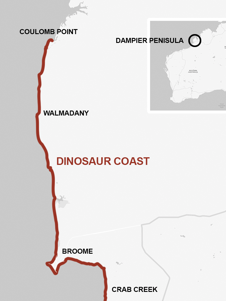 Map showing the location of the Dinosaur Coast along the coastline of the Dampier Peninsula
